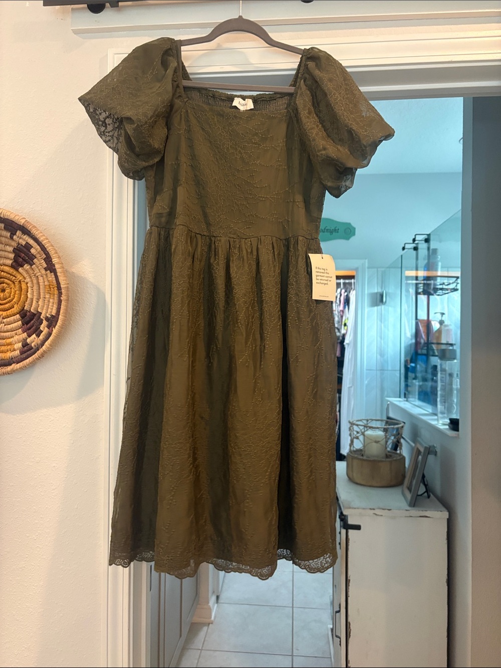 bohme Olive Green Puff-Sleeve Lace Midi Dress